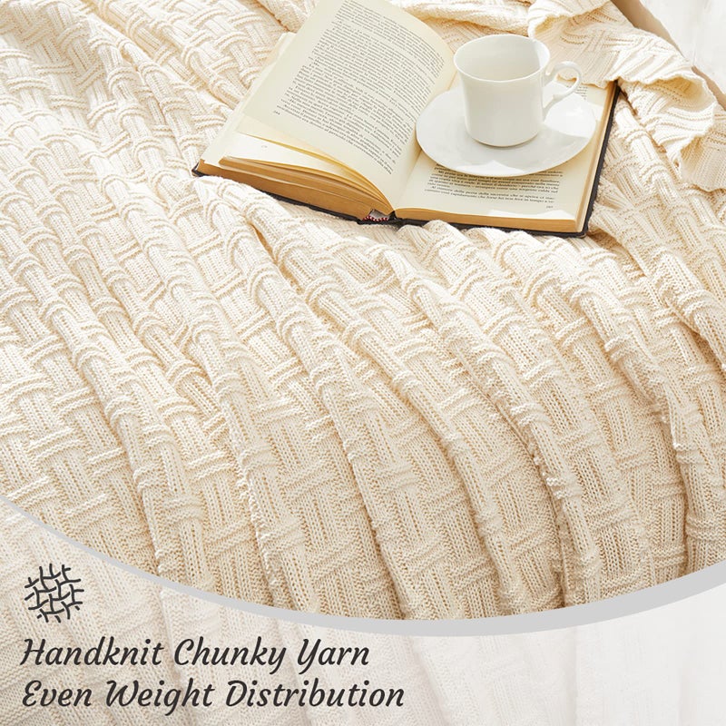 TREELY 100% Cotton Knitted Throw Blanket Couch Cover Blanket(60 x 80 Inches, Ivory White) - Image 5